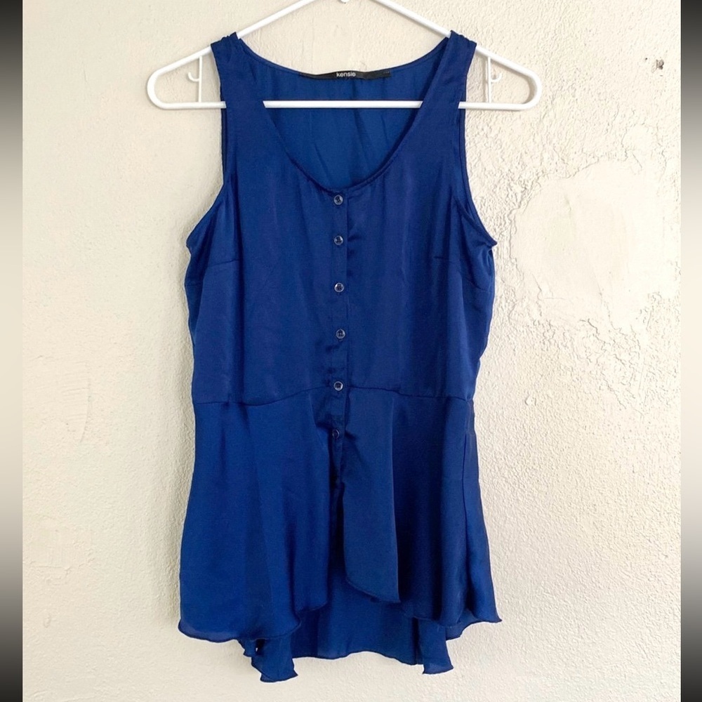 Kensie Women's blouse small blue silk flowy top sleeveless button up satin shirt